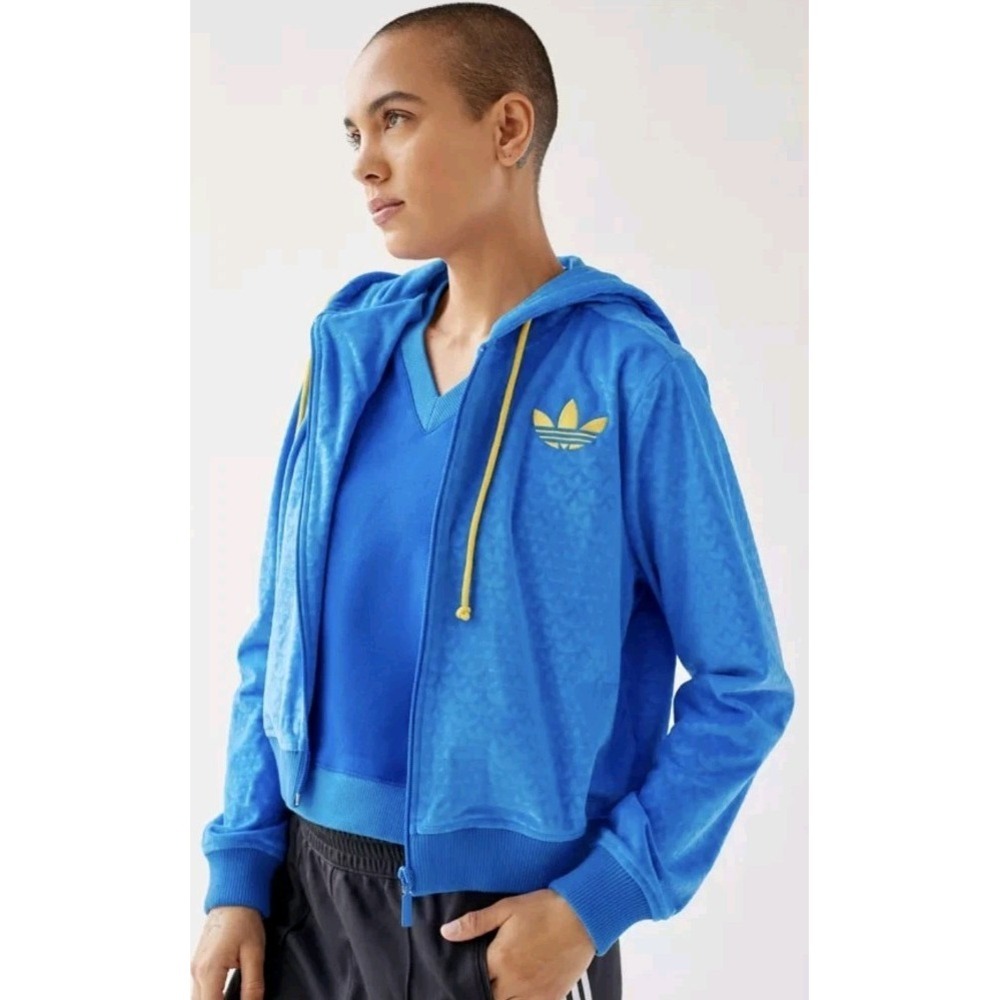 Adidas Adicolor Heritage Now Blue Bird Cropped Velour-Jacquard Jacket Hoodie Lrg